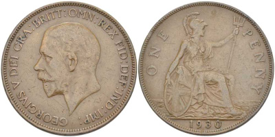 Великобритания 1 пенни 1930 Георг V (1910-1936) KM 838, Spink 4055 бронза 180-124