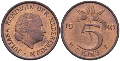 Нидерланды 5 центов 1980 Юлиана (1948-1980) KM 181 бронза 67-732