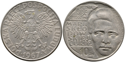 Польша 10 злотых 1967 MW, 100 лет со дня рождения Марии Склодовской-Кюри KM 59 медно-никель 441-742