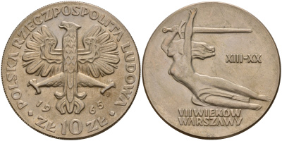 Польша 10 злотых 1965 700 лет Варшаве, богиня победы Ника с мечем KM 54 медно-никель 4599-645