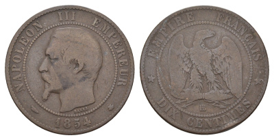 Франция 10 сантимов 1854 BB, Наполеон III (1852-1870) KM 771.3 бронза 35-342