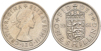 Великобритания 1 шиллинг 1961 Елизавета II (1952-2022), Английский герб KM 904, Spink 4147 медно-никель 4592-313