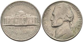 США 5 центов 1964 D, Джефферсон KM А192 медно-никель 92-1122