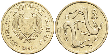 Кипр 2 цента 1988  KM 54.2 никель латунь    4115-413