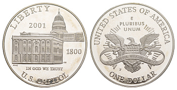 США 1 доллар 2001 P, Центр посещения Капитолия, оригинальная коробка, сертификат KM 324 серебро  PROOF  3-6-5-13