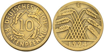 Германия 10 рентенпфеннигов 1924 E KM 33, J .309, Weege 8 алюминиевая бронза 4143-525