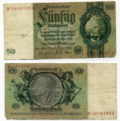 ГЕРМАНИЯ 50 РЕЙХСМАРОК 1933 Pick 182а бумага 7146-47-1-2