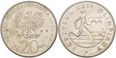 Польша 20 злотых 1980 MW, XXII летние Олимпийские Игры, Москва 1980, бегун KM 108, Parchimowicz 252 медно-никель 4542-1132