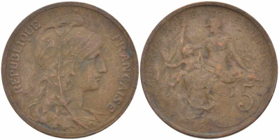 ФРАНЦИЯ 5 САНТИМОВ 1898 ТИП ДАНИЭЛЬ ДЮПЮИ KM 842, LE FRANC 119.5 бронза 108-811