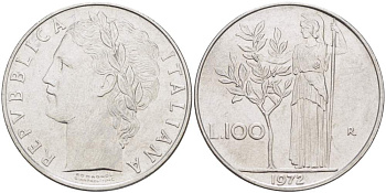 ИТАЛИЯ 100 ЛИР 1972 R, АФИНА, ДИАМЕТР 28 ММ. KM 96.1 нержавеющая сталь 4512-942