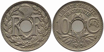 ФРАНЦИЯ 10 САНТИМОВ 1936 ТИП ЛИНДАЙЁ KM 866а, LE FRANC 138.23 медно-никель 108-226