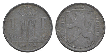 Бельгия 1 франк 1943 Belgique - Belgie, Леопольд III (1934-1947), германская оккупация, Вторая мировая война KM 128 цинк 4636-228