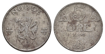 Норвегия 5 эре 1942 Хокон VII (1905-1957) KM 388 железо 4635-536