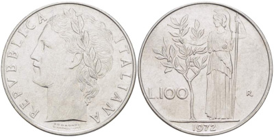 ИТАЛИЯ 100 ЛИР 1972 R, АФИНА, ДИАМЕТР 28 ММ. KM 96.1 нержавеющая сталь 4512-942