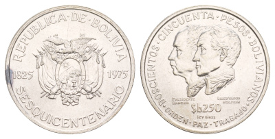 Боливия 250 боливиано 1975 150 лет Независимости KM 195 серебро BU 413-1711