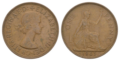 Великобритания 1 пенни 1963 Елизавета II (1952-2022) KM 897, Spink 4157 бронза 4645-1015