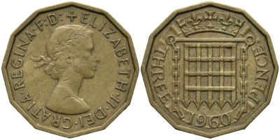 Великобритания 3 пенса 1960 Елизавета II (1952-2022) KM 900, Spink 4153 никель латунь 4171-547