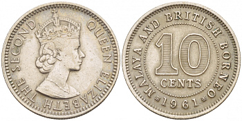 Малайя и Британское Борнео 10 центов 1961 Елизавета II (1952-2022) KM 2 медно-никель 4547-955