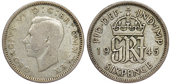 Великобритания 6 пенсов 1945 Георг VI (1936-1952) KM 852, Spink 4084 серебро 4178-355