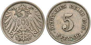 Германия 5 пфеннигов 1910 E, KM 11, Jager 12, Weege 6 медно-никель 08-1345