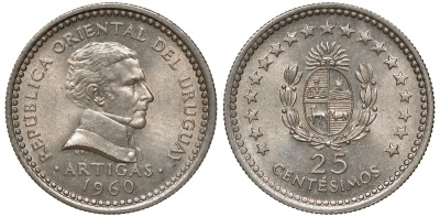 Уругвай 25 сентесимо 1960 KM 40 медно-никель 4169-912