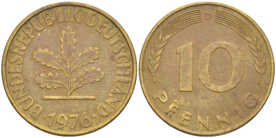 ФРГ 10 пфеннигов 1976 D KM 108, J. 383 сталь плакированная латунью 58-244
