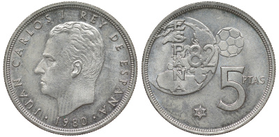 Испания 5 песет 1981 чемпионат мира по футболу 82 KM 817 медно-никель 62-1125