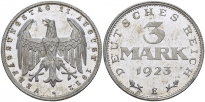 Германия 3 марки 1923 E, 3 года Веймарской конституции Weege 18, J.303, KM 29 алюминий PROOF 00-814-28