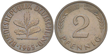 ФРГ 2 ПФЕННИГА 1965 D KM 106, J. 381 бронза 4181-745