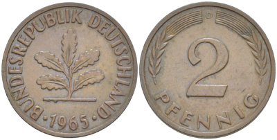 ФРГ 2 ПФЕННИГА 1965 D KM 106, J. 381 бронза 4181-745