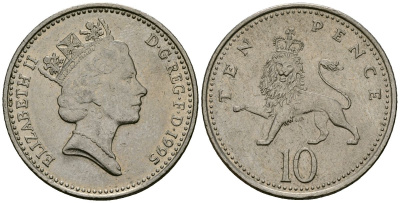 Великобритания 10 пенсов 1995 Елизавета II (1952-2022) KM 938b, Spink 4367 (F4) медно-никель 4545-943