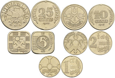 Нидерланды набор из 5 монет 1941-1943 Вильгельмина рестрайк     5-6-1-32