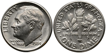США 10 ЦЕНТОВ = ДАЙМ 1984 D, РУЗВЕЛЬТ KM 195а медь плакированная медно-никелем 4549-324