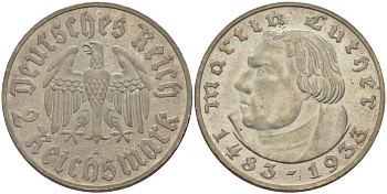 Германия 2 рейхсмарки 1933 A, 450 ЛЕТ МАРТИНУ ЛЮТЕРУ J. 352, KM 79 серебро UNC 00-000-00