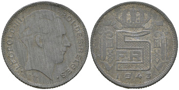 Бельгия 5 франков 1943 DES BELGES, Леопольд III (1934-1947) KM 130 цинк 4119-433