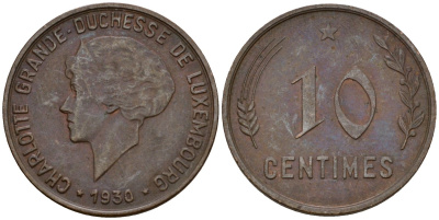 Люксембург 10 сантимов 1930 Шарлотта (1918-1964) KM 41 бронза 4577-626