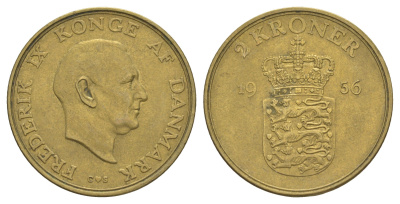 Дания 2 кроны 1956 C, Фредерик IX (1947-1972) KM 838 алюминиевая бронза 4634-536