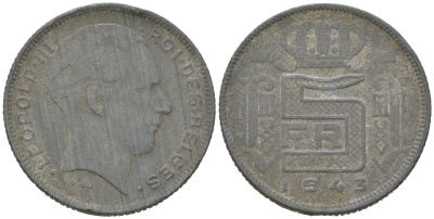 Бельгия 5 франков 1943 DES BELGES, Леопольд III (1934-1947) KM 130 цинк 4119-433