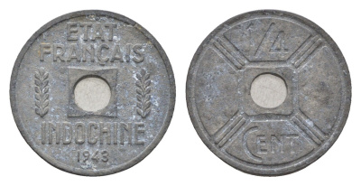 Французский Индокитай 1/4 сантима 1943 KM 25 цинк 4623-941