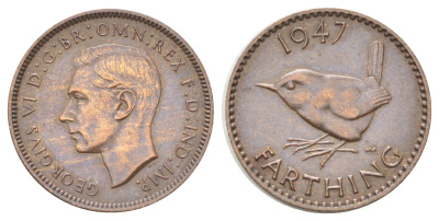 Великобритания 1 фартинг 1947 Георг VI (1936-1952) KM 843, Spink 4116 бронза 4708-719