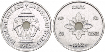 Лаос 20 центов 1952 король Сисаванг Вонг (1904-1959), слоны KM 5 алюминий 4545-521