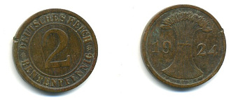 ГЕРМАНИЯ 2 РЕНТЕНПФЕННИГА 1924 A KM 31, J.307 бронза 4379-1036