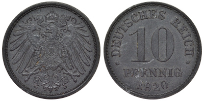 Германия 10 пфеннигов 1920 KM 26, J. 299, Weege 8 цинк 4119-341