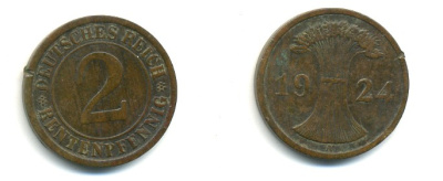 ГЕРМАНИЯ 2 РЕНТЕНПФЕННИГА 1924 A KM 31, J.307 бронза 4379-1036