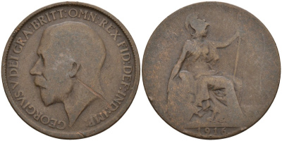 Великобритания 1/2 пенни 1916 Георг V (1910-1936) KM 809, Spink 4056 бронза 4143-652