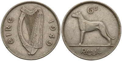 Ирландия 6 пенсов 1949 ирландский волкодав KM 13a медно-никель 4189-717