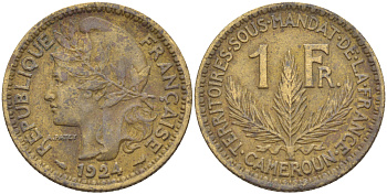 Французский Камерун 1 франк 1924 (а), монетный двор Париж KM 2 алюминиевая бронза 24-744