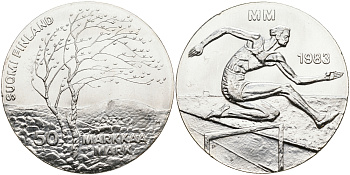 Финляндия 50 марок 1983 K-T, чемпионат мира по атлетике, бег с препятствиями KM 61 серебро UNC 4552-124