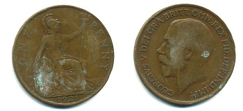 Великобритания 1 пенни 1921 Георг V (1910-1936) KM 810, Spink 4051 бронза 41-533