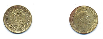 ИСПАНИЯ 1 ПЕСЕТА 1966 (73) ХУАН КАРЛОС I (1975-) KM 796 алюминиевая бронза 54-664